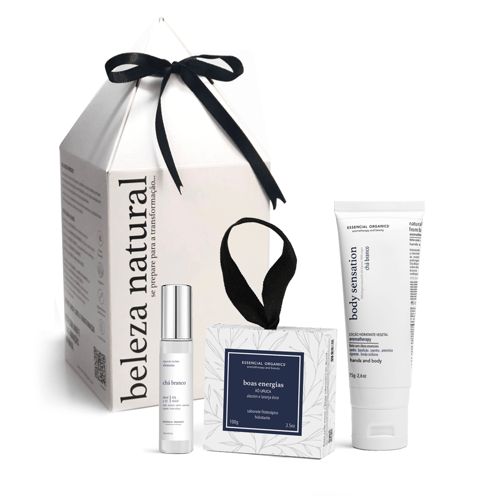 KIT PRESENTE COLÔNIA 15ML CHÁ BRANCO + SABONETE BOAS ENERGIA + HIDRATANTE CHÁ BRANCO 75g ESSENCIAL ORGANICS®️