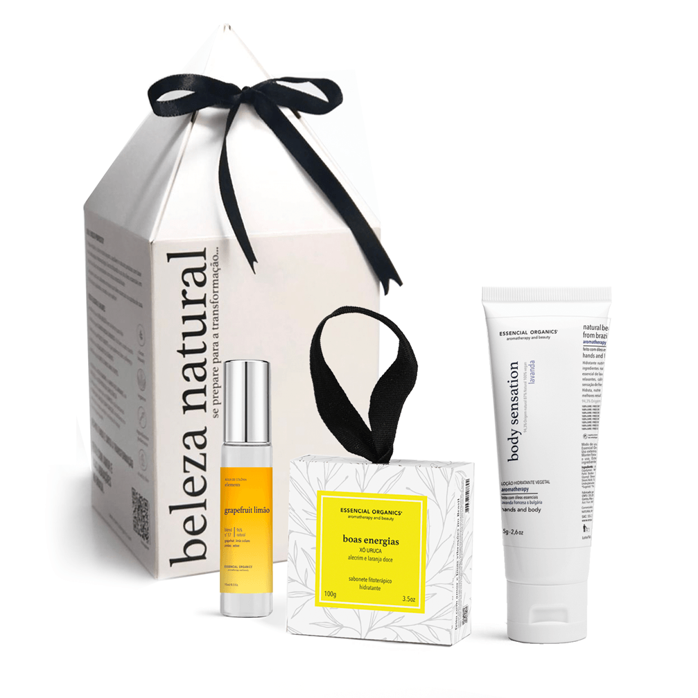 KIT PRESENTE COLONIA 15ML GRAPEFRUIT + SABONETE BOAS ENERGIAS + HIDRATANTE LAVANDA 75G ESSENCIAL ORGANICS®️