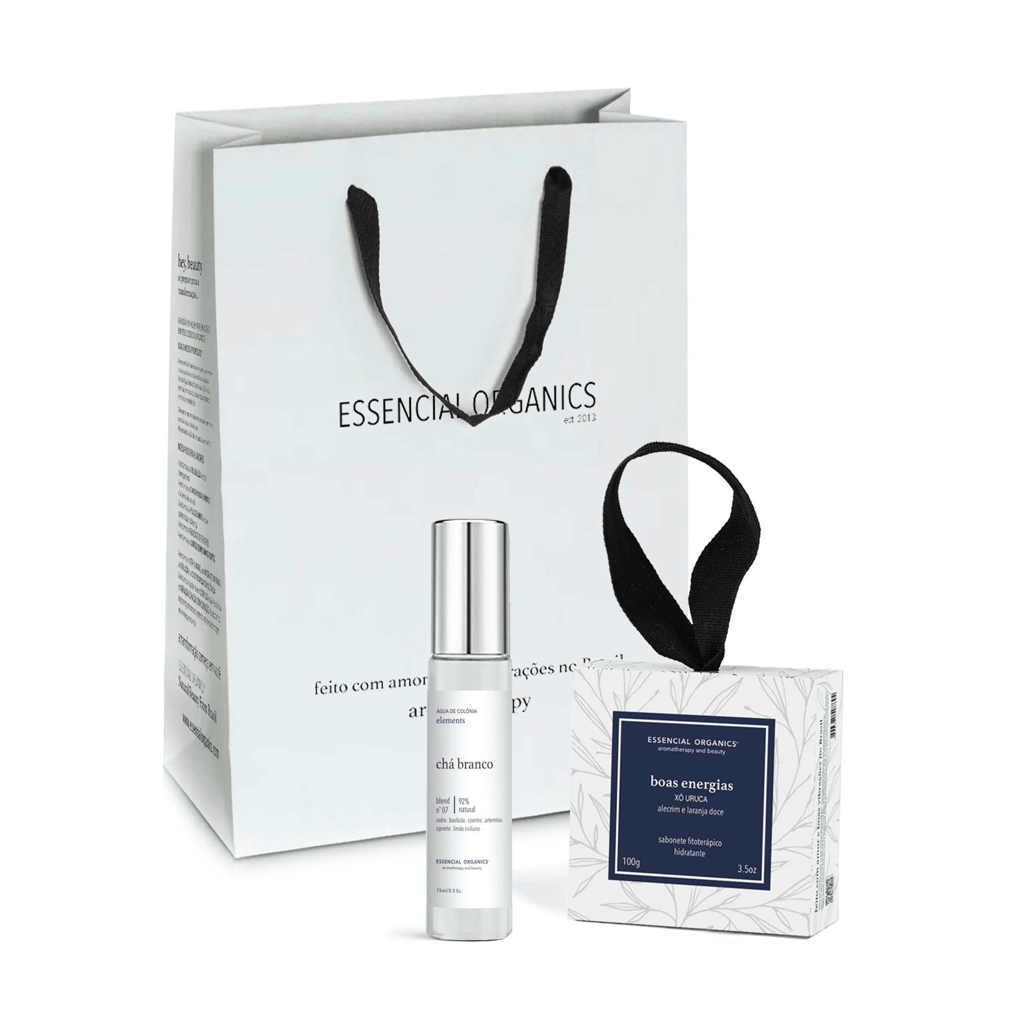 KIT PRESENTE SABONETE DE BOAS ENERGIAS + COLÔNIA CHÁ BRANCO 15ML ESSENCIAL ORGANICS®️