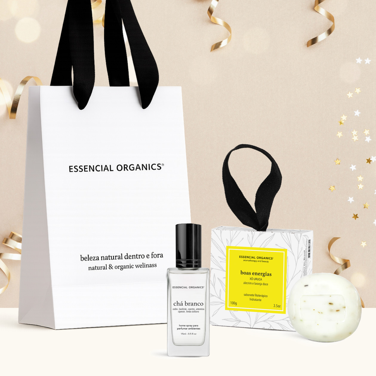 Presente Lembrança e Renovar Home Spray Chá Branco 15ml + Sabonete Boas Energias